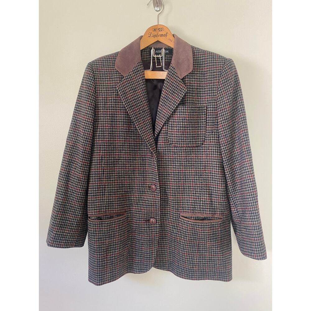 Vintage Braebrook wool/ leather collar blazer houndstooth womens 9/10